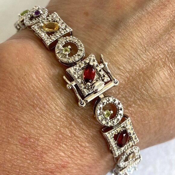 Ross-Simons Sterling Silver 925 Multi Gemstone Geometric Link Tennis Bracelet - Picture 3 of 16